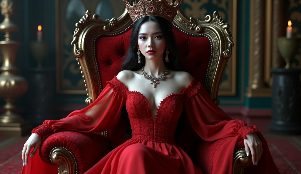 arafed image of a woman sitting in a chair with a red robe, on her throne, sitting on her throne, sitting on intricate throne, sitting on a throne, sitting on throne, sitting on an ornate throne, a beautiful fantasy empress, sitting on the throne, sitting in a gilded throne, seated on a throne, ((a beautiful fantasy empress))