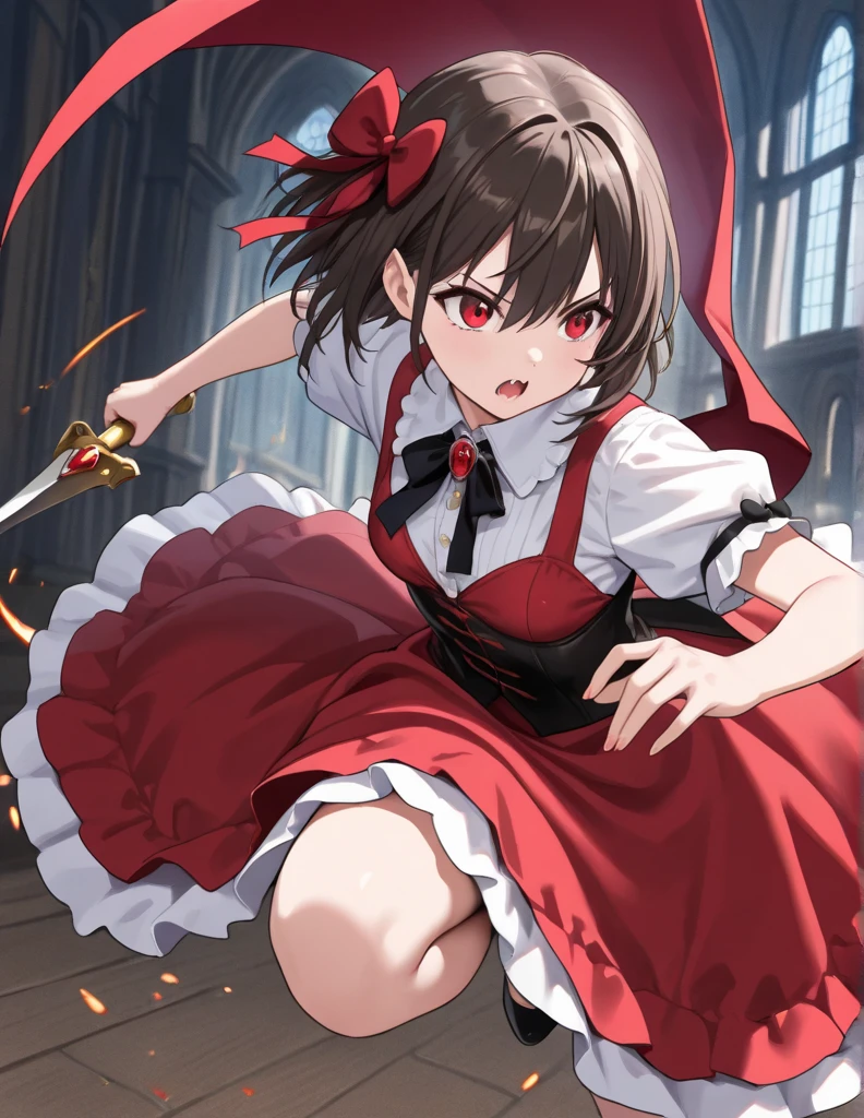 1 woman, brownhair, short hair, White longsleeve, brown skirt, pantyhose, boots, crazy eyes, evil smile, sword, blood