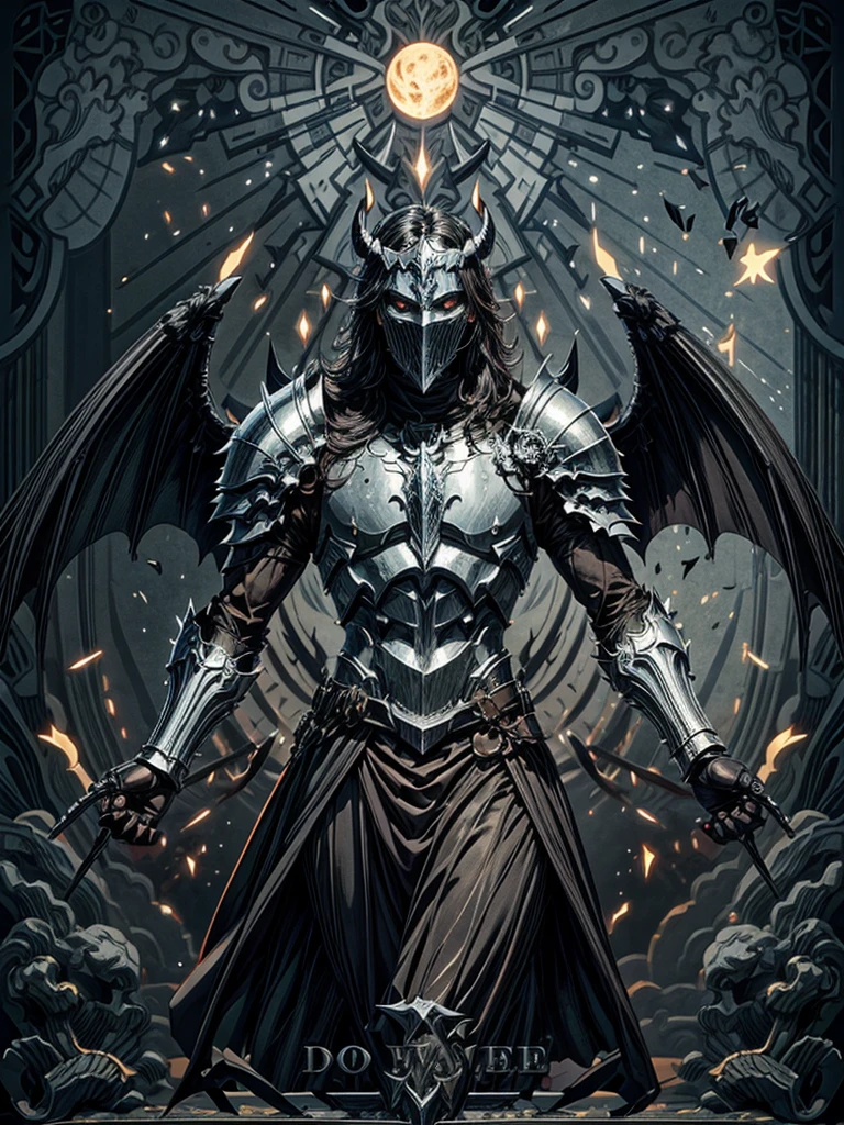 Demon with wings made of all-black iron shards male knight in mask with moonlight in the background