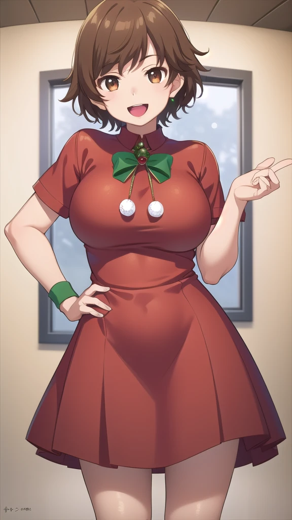 masterpiece, best quality, high quality, girl, solo, looking at viewer, kogure_kawanami, brown hair, brown eyes, large breasts, merry christmas Dress, standing, smile, open mouth,