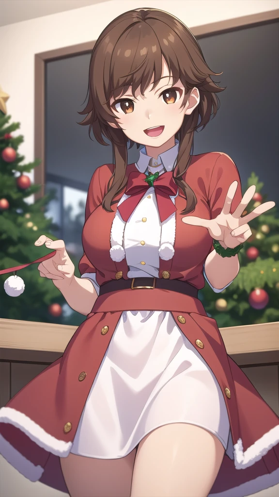 masterpiece, best quality, high quality, girl, solo, looking at viewer, kogure_kawanami, brown hair, brown eyes, large breasts, merry christmas Dress, standing, smile, open mouth,