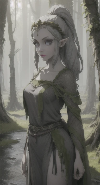 (Best quality, tmasterpiece:1.4), (actual:1.2), (actual:1.2), (Ridiculous resources:1.2), 4K, ultra - detailed, A beautyful girl, Detailed faces, (Ultra-detailed eyes:1.2), (gorgeous one:1.2),(natural:1.2), (at a forest:1.4), (Monte:1.2), Rochas, Rochas, floods, (wood bridges:1.2),(Alone:1.4), 1 Sister, (Eternal:1.2),(fairies:1.2), Pointed ear hair:1.2), Long gray hair, (side locks:1.2),(Green-eyed:1.4),(humongous large breast: 1.6),(Wide hips: 1.3),(Thigh thick: 1.2),(Thick lips: 1.4),White knee-length Bootrow shorts:1.2), (brown cape:1.2), (Brown stockings:1.4), Mint green dress, Black belt,venusbody