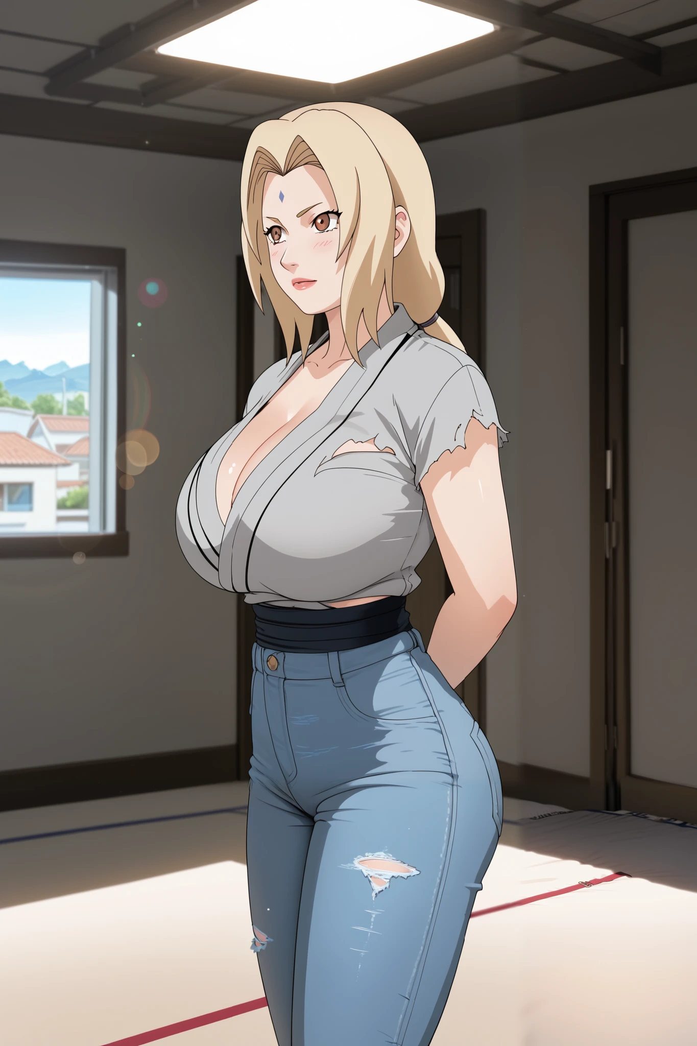 best quality, masterpiece, highres, 1girl,tsunade,fullbody,stand up,large breasts,arms behind back,secy legs,grey kimono,sleevelwss,ripped jeans,looking at viewers,front look,(high detailed skin:1.2), 8k uhd, dslr, soft lighting, high quality, volumetric lighting, candid, Photograph, high resolution, 4k, 8k, Bokeh