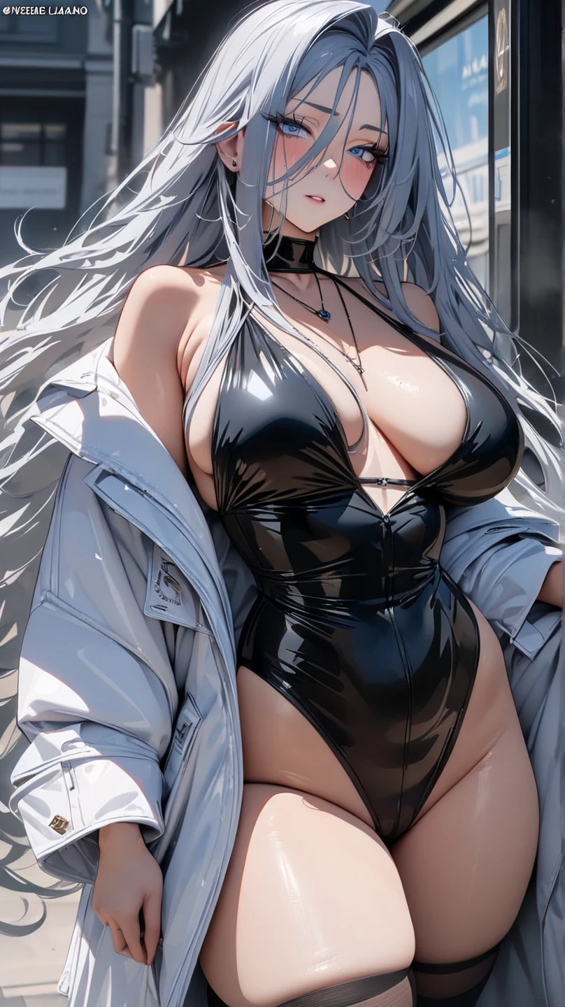 Young girl, long white hair, blue eyes, succubus clothes, open belly, chest neckline, masterpiece, high quality