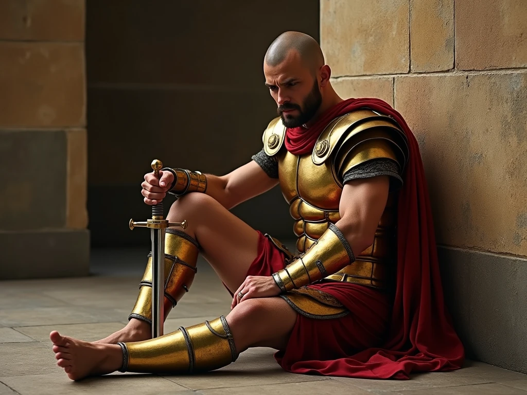 Photo-realistic. A pleased, 16-year-old, handsome, muscular Caucasian man with fade-cut, brown hair, and blue eyes, wearing shabby, sleeveless, leather armor, with metal shoulder guards, boasting, as he tells a dramatic story to a 15-year-old, lean, Caucasian peasant man, with short, brown hair, and blue eyes, in a blue and green tunic, listening in wonder, sitting next to each other on a simple bed, in a rustic inn room, at night.