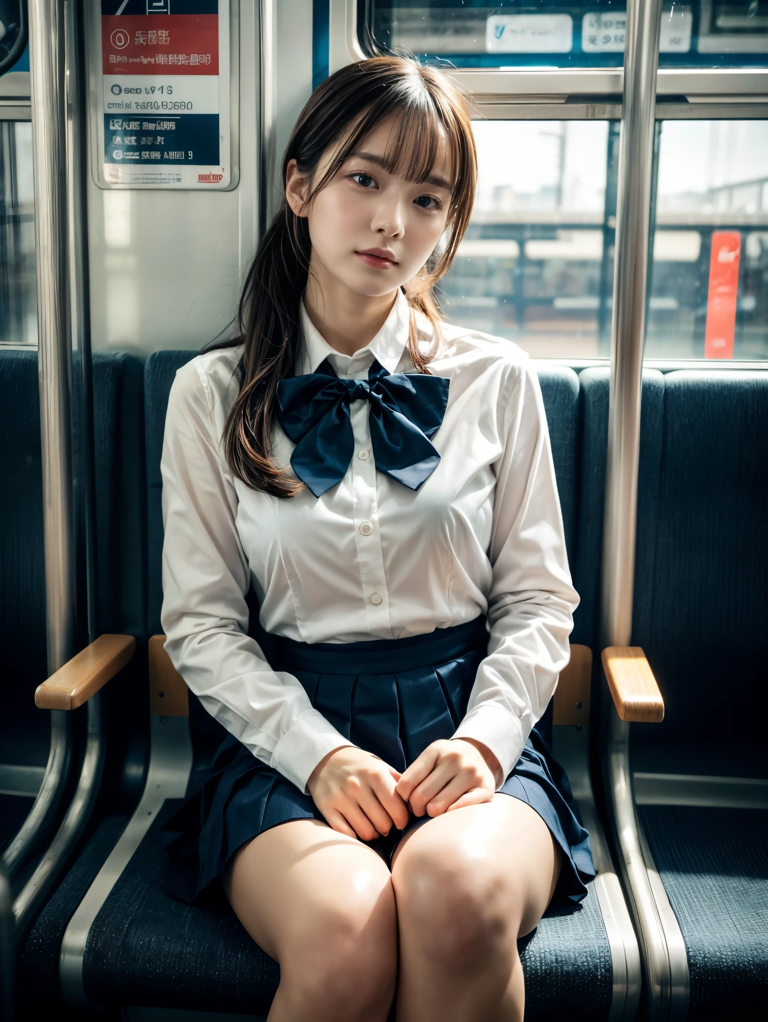 8k, RAW Portrait (Japanese women),masterpiece、Realistic:1.3、Realistic, Ultra-high resolution, Highest quality, Real Life Photos ,(((Showing panties:1.4)))、((Visible panties:1.4))、((Sitting on a train seat on the Yamanote Line, looking at my smartphone.))、
((((2 people:1.5)))), (((電車内でPull up your skirtShowing panties女子高生:1.4)))、(Cute Face:1.3)、One of the Japan,((Japanese schoolgirl))、((1 real high school girl))、((((Japanese High School Uniform:1.6))))、  Black Hair,(Written boundary depth:1.3)、 ((Dark brown eyes:1.2))、(Realistic skin texture:1.3)、(Immersive atmosphere:0.8、Chiaroscuro:1.2) 、(Audience:1.3)、((Expressionless:1.3))、((Red cheeks:1.1))、((she&#39;She&#39;s wearing tiny silk panties))、((Showing panties:1.4))、((A woman rolling up her skirt))、((Emphasize panties))、The cutest in the world、((Spread your legs out to the side:1.4))、((Pleated skirt))、((Wearing a skirt:1.5))、Skirt Lift、Pull up your skirt、Checkered Skirt