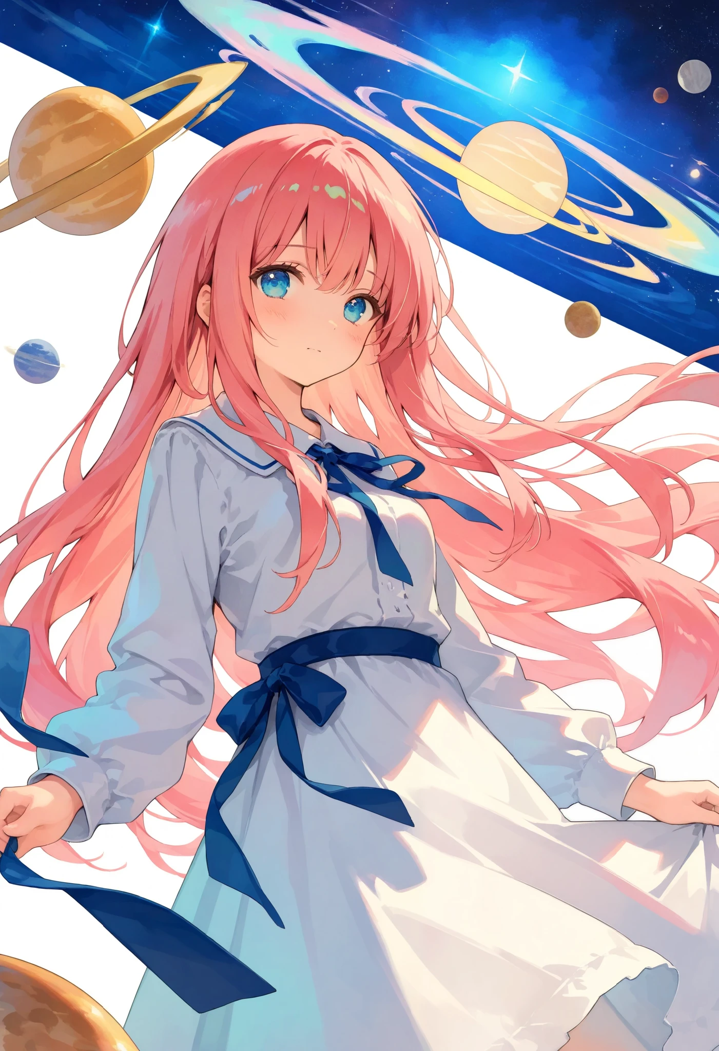 masterpiece, best quality, 8k, highres, ultra-detailed,HDR, UHD,BREAK,Impressionism,Collage,best quality,highly detailed,1girl,long pink hair,tired expression,white dress,blue ribbon,wing-like decorations,planetary motifs,star designs,minimalist background,celestial theme,abstract elements,soft pastel tones,clean line art,light and airy composition
