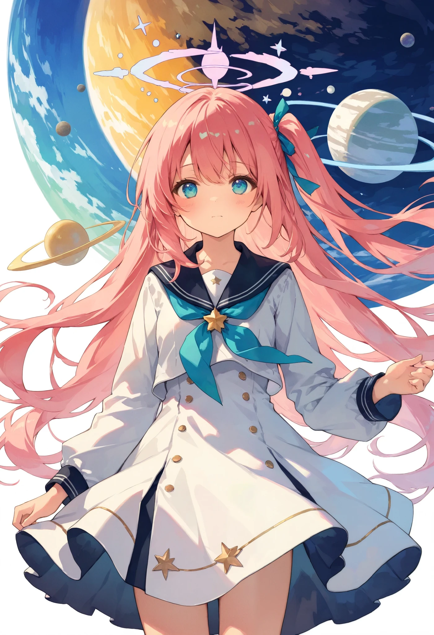 masterpiece, best quality, 8k, highres, ultra-detailed,HDR, UHD,BREAK,Impressionism,Collage,best quality,highly detailed,1girl,long pink hair,tired expression,white dress,blue ribbon,wing-like decorations,planetary motifs,star designs,minimalist background,celestial theme,abstract elements,soft pastel tones,clean line art,light and airy composition
