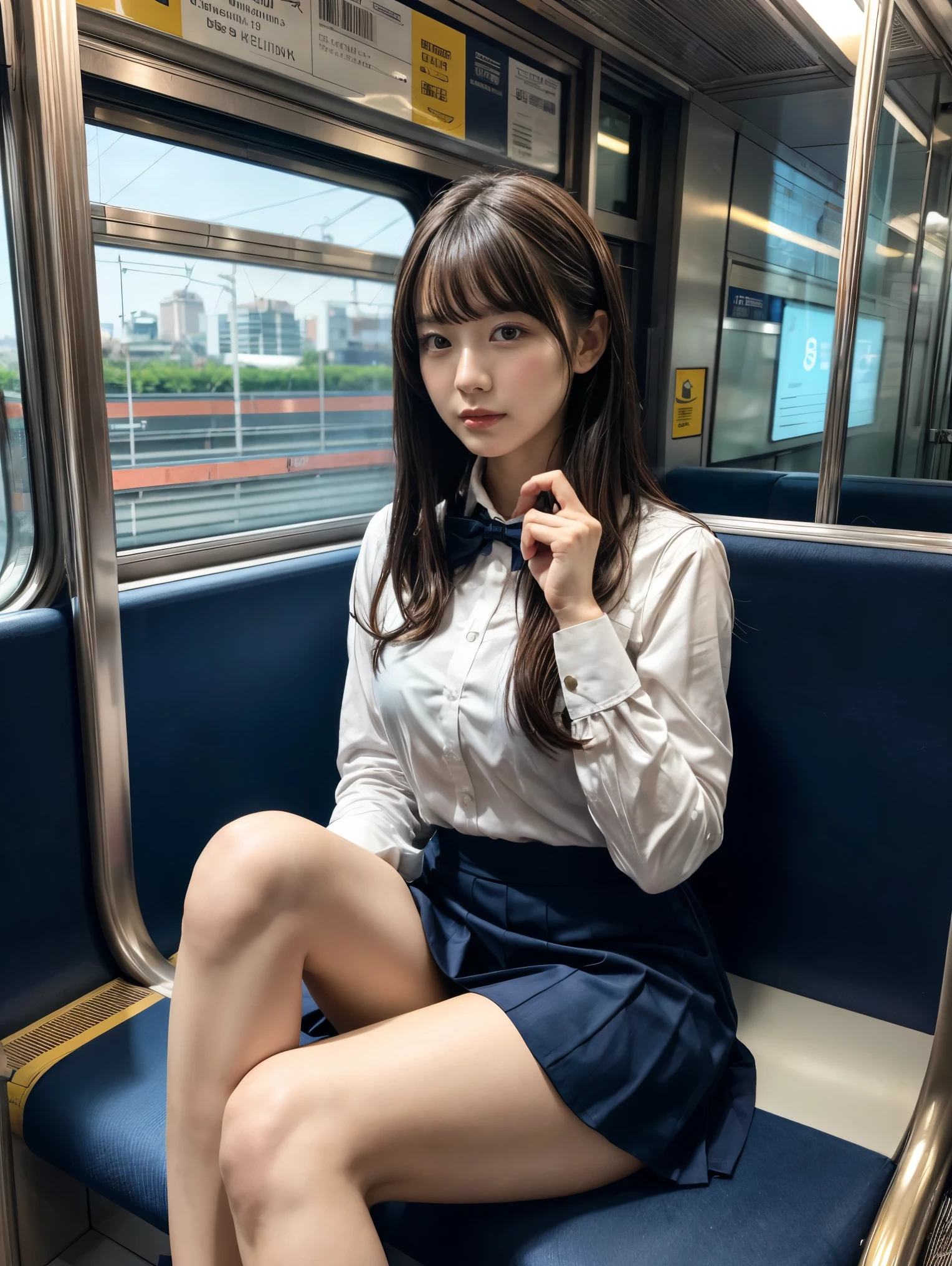 (masutepiece, High quality, Ultra High Quality, 4K)A dark-haired、27 year old Japan girl、1 Female 2.0、Schoolgirl Uniform, Uniform skirts、Emphasis on the thighs、white thighhig,Soft thighs、Glossy thighs、Sitting on the train、Face-to-face angle,(Angle from below),Sitting in a train seat,Sitting at the front,Zoom camera in the crotch,Feet are on the floor of the train,full body Esbian,Looking down and sleepy,Watching the viewer only, Best Quality, Ultra high definition, (Photorealistic:1.4),, High resolution, detail, Raw photo, Sharp Re, Nikon D850 Film Stock Photo by Lee Jefferies 4 Kodak Portra 400 Camera F1.6 lens rich colors hyper realistic lively textures dramatic lighting unreal engine artstation trends cinestir 800,Open knees、white panty、