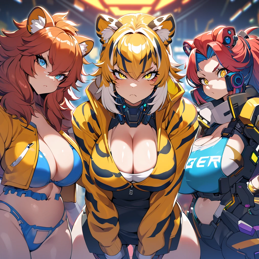 Anime, Cyberpunk female, 5 tiger-girls, anthro tiger girl, tiger girls, tiger stripes, huge hair, large breasts, blue bra, large yellow jacket, Deep cleavage, chubby, spikes, red fur, stripes, serious, posing together, girls surrounding