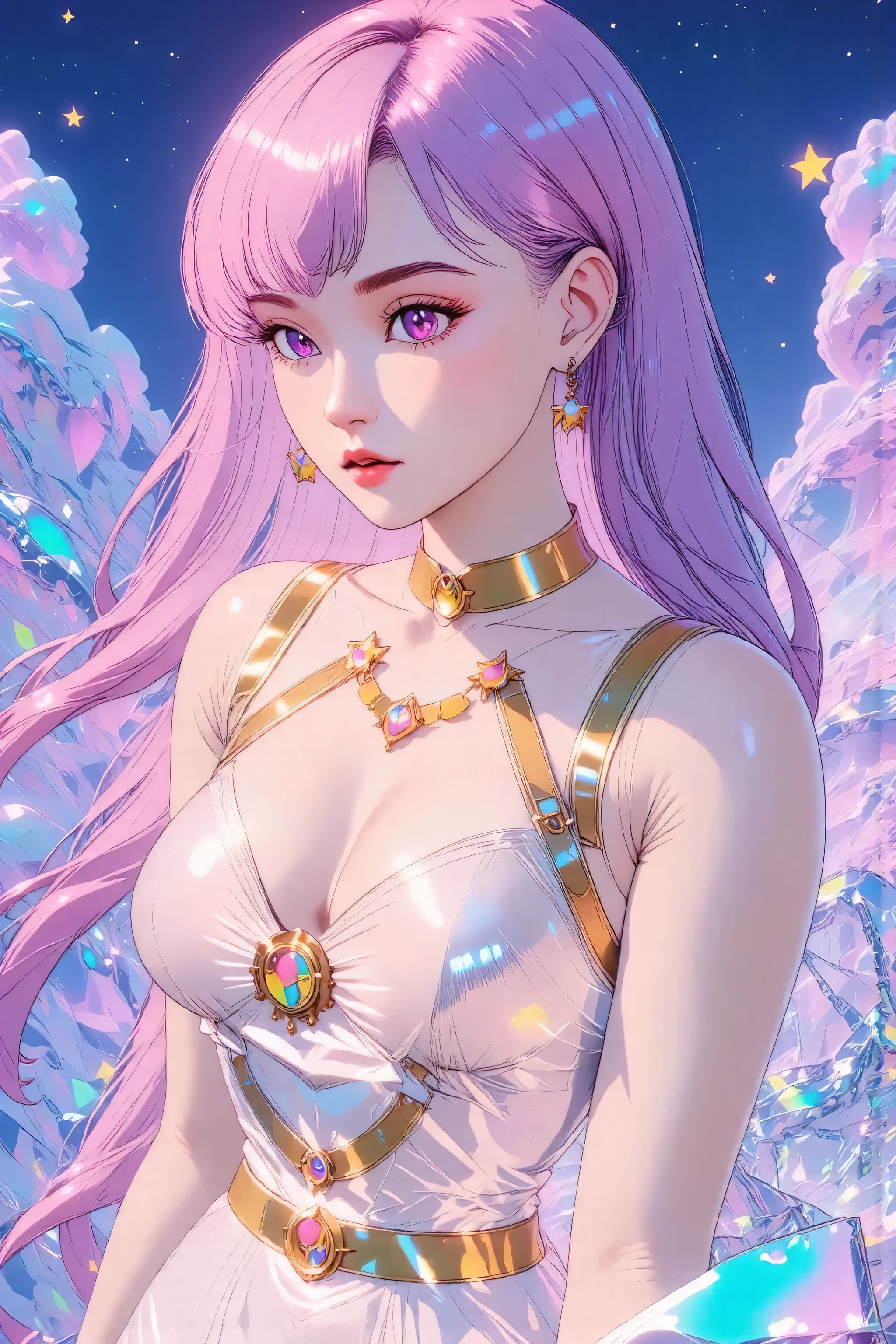 (White background:1.4),((Wicked Lady from Sailor Moon)), head silhouette, pink hair, Oriental elements,(Chinese illustration:1.3,Paper Art:1.3, キルティングPaper Art:1.2),( Streamlined Design, Clear lines, High sharpness,Better Quality, Very detailed, Master Parts, Film Light Effect, 4K ) Illustration design, porcelain doll skin, beautiful detailed red eyes, beautiful detailed lips, extremely detailed gold eyes and face, long eyelashes, upper body, from side, looking at viewer, (fractal art:1.3), (pink hair:1.2), water, liquid, cloud, colorful, starry, stars, (best quality, 4k, 8k, highres, masterpiece:1.2), ultra-detailed, (realistic, photorealistic, photo-realistic:1.37), vibrant colors, studio lighting, extremely detailed description, professional, concept art, surreal, 1920s french vibe, monochromatic gold and pink palette, in the style of french illustrator moebius, gold elements,