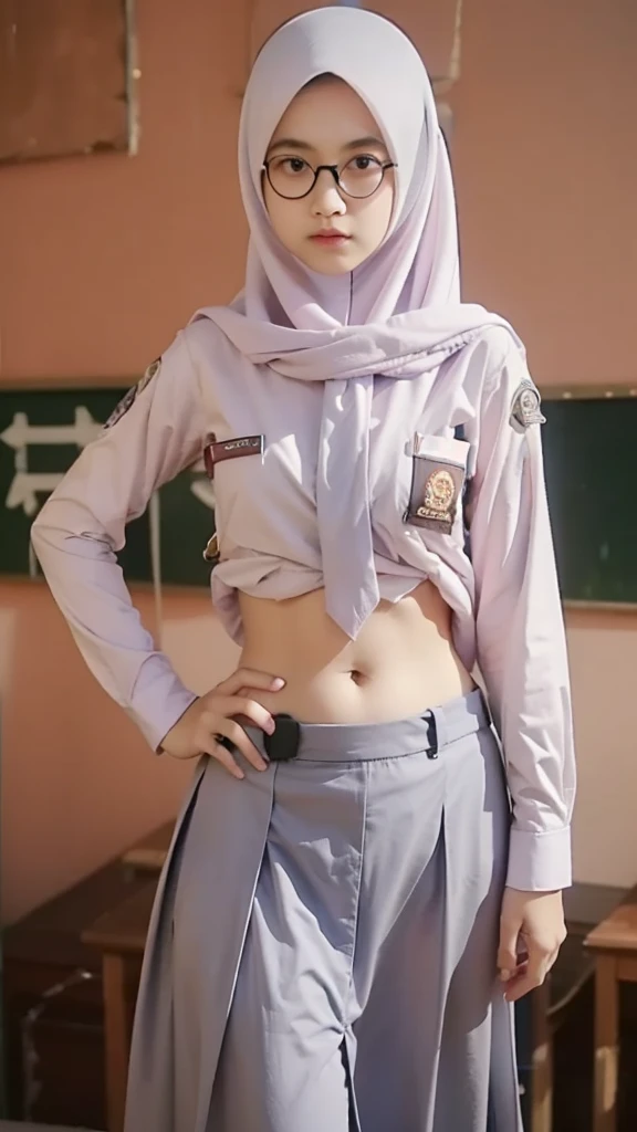 Gen Z ******girl wearing hijab ,thin face ,glasses ,long sleeve shirt with gray tie ,open tummy navel ,low waist buckle belt ,strict ,flat chest ,very skinny ,thin ,hands on hips ,Realistis, 8k resolusion, best quality