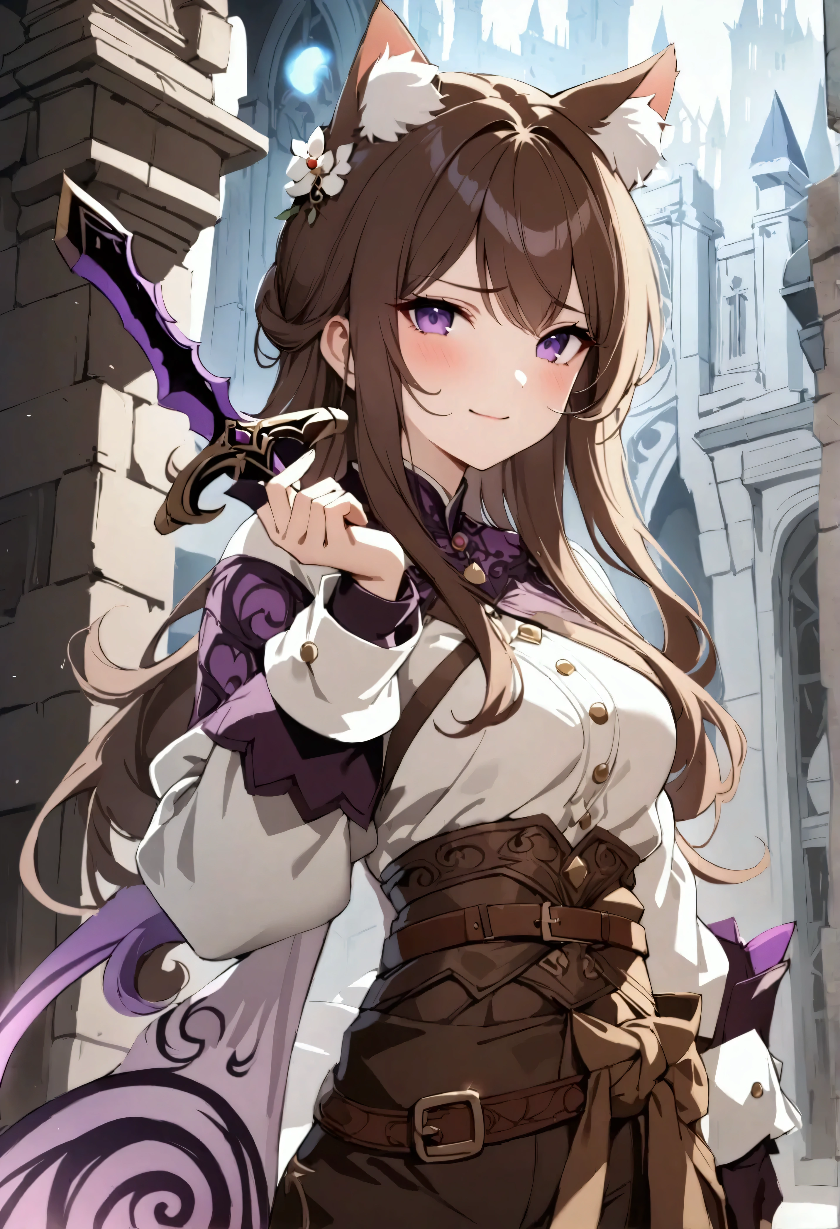 (1girl, Masterpiece, best quality, beautiful) A young cat-woman, long brown hair, brown cat ears with white fur, sligthly happy face expression, medieval-style (detailed fancy outfit in colors dark brown purple and white), some gray fur on outfit, beautiful purple eyes, brown belt around her waist, dark pants, (holding a purple sword in her hand)
