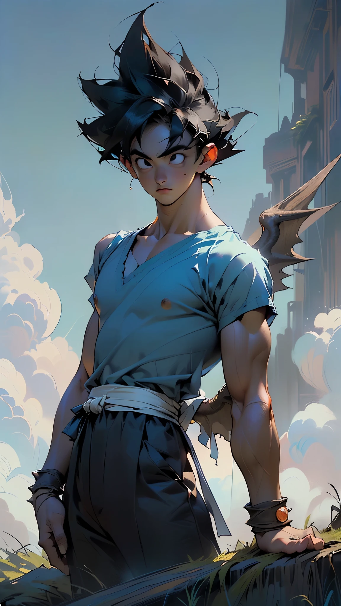 hair dyed blue, cabello lacio, 15-year-old boy, mestizo sin  ropa dorso descubierto cabello de color azul, ojos azules , mira ala ciudad, Anime image of a 15-year-old man on top of a building in New York , esta mirando triste desconcertado la ciudad, desde lo alto de una escuala., cabello azul rostro mestizo, ojos azules,sin camisa atuendo tribal egipcio, egipcia antigua mirando desde lo alto de una escuela secundaria a una ciudad triste muy lejana , , Screenshot of anime movie (toma de la camara desde atras y de perfil, The child does not look at the viewer, mira al vacio al horizonte)