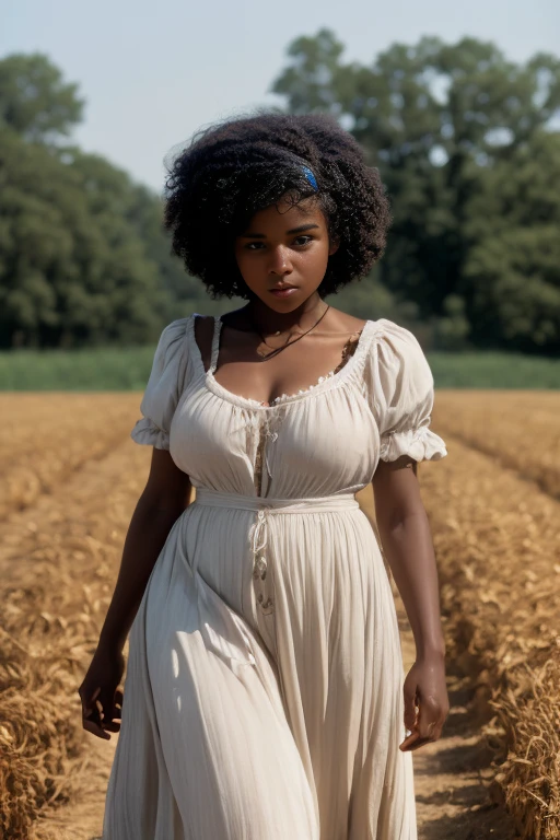  A young black slave ,1892 slave ,  North Carolina , shaggy curly hair,  almond-shaped brown eyes ,  full lips , round face,  wearing shabby old clothes ,white clothes, Torn clothes, Big breasts ,  WIDE HIP,  thick thighs , handcuffs on the wrist,  bare feet ,  setting wheat field , sunny day  