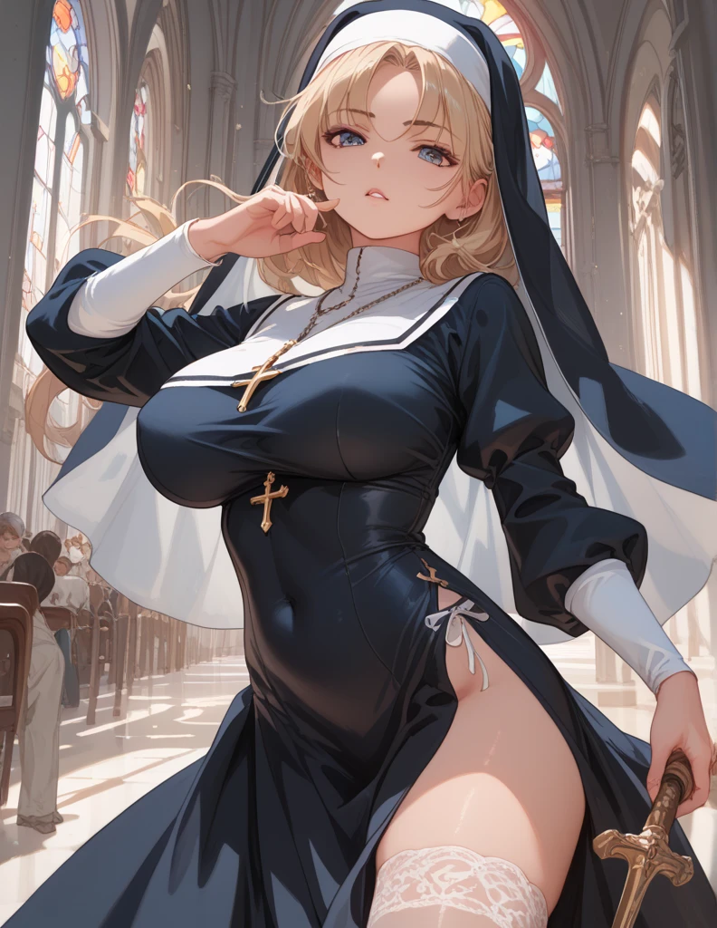 (((()))), ((((Best Quality)))), High resolution,fine grain,Detailed face, has weapons,,nun,dress, action,big breasts