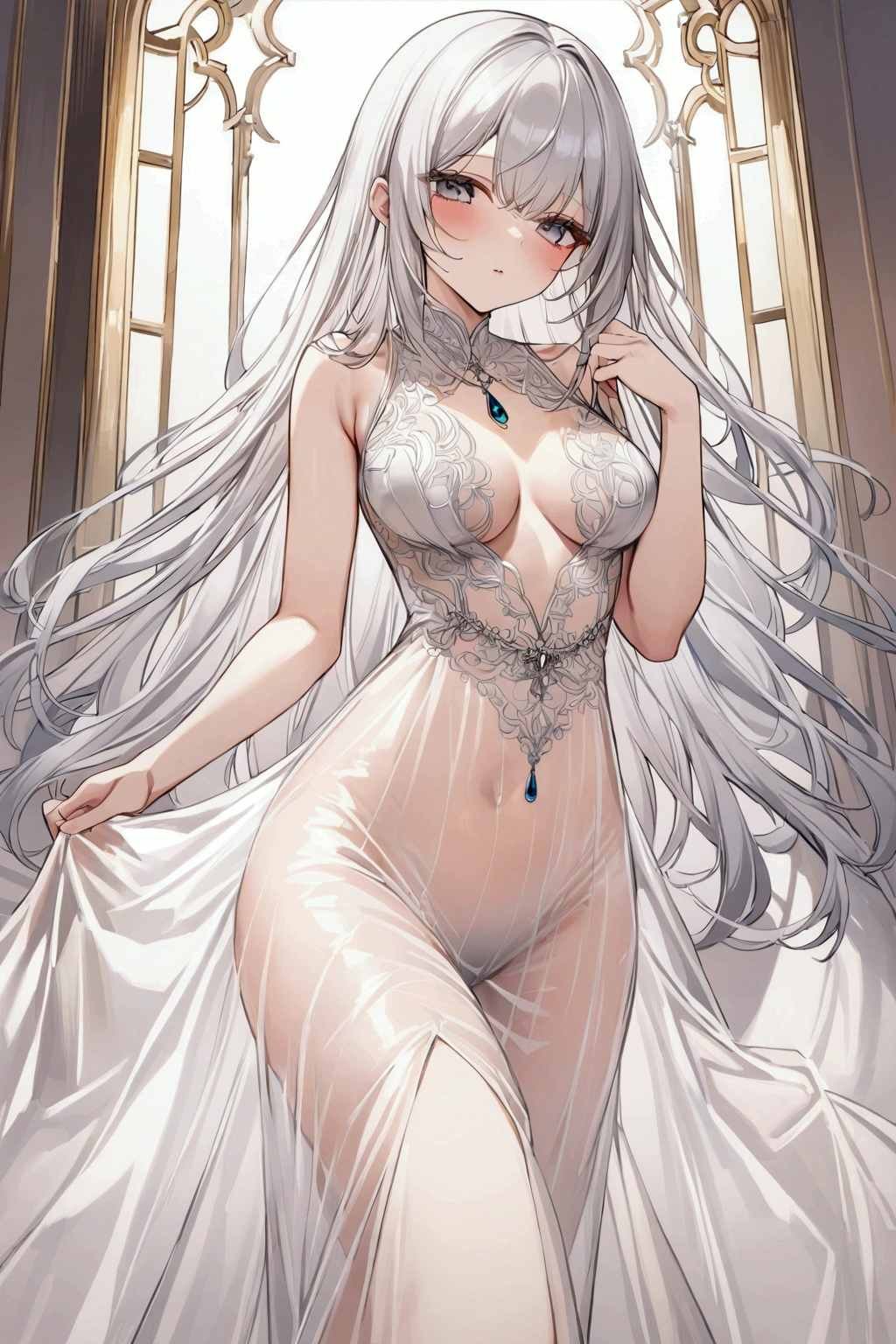  girl, Silver Hair, see-through dress、See-through body lines, sexy