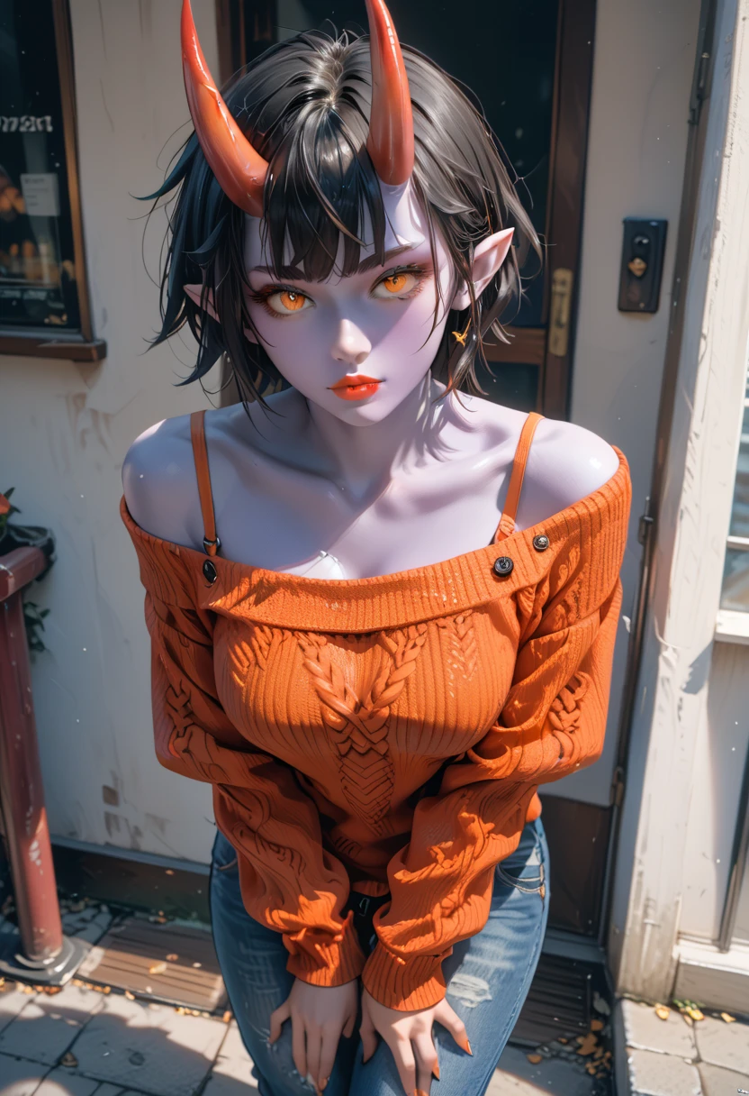 masterpiece, best quality, 1girl, purple skin, colored skin, pointy ears, orange eyes, slit pupils, oni horns, skin-covered horns, short hair, spiked hair, black hair, medium breasts, toned, off-shoulder sweater, denim, pants, looking at viewer, expressionless, parted lips, leaning forward, lipstick, portrait, full body, from above,
