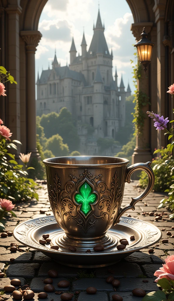 A realistic advertising artwork: A polished silver coffee cup, small and short, engraved with a 3D Fleur-De-Lis and glowing green emeralds, surrounded by Gothic patterns with emeralds. Elegant, natural steam rises. The Americano coffee inside is visible, and the handle is on the right. The cup sits on a bright silver saucer with Gothic engravings. Coffee beans are scattered naturally inside the saucer, with a small ivy branch resting on it. More beans surround the saucer on a medieval cobblestone road.

The road slopes gently to a lower-positioned Hohenzollern Castle in the background, leaving a large portion of the midday sky visible with scattered clouds and bright sunlight. Gothic arches, banners, and lanterns are part of the distant castle setting.  

The foreground features vibrant, low-growing flowers—roses, lilies, and lavender—on both sides, ensuring the coffee cup remains the central focus. The scene is brightly lit, with soft shadows enhancing depth and a medieval atmosphere, while emphasizing the coffee cup as the highlight.