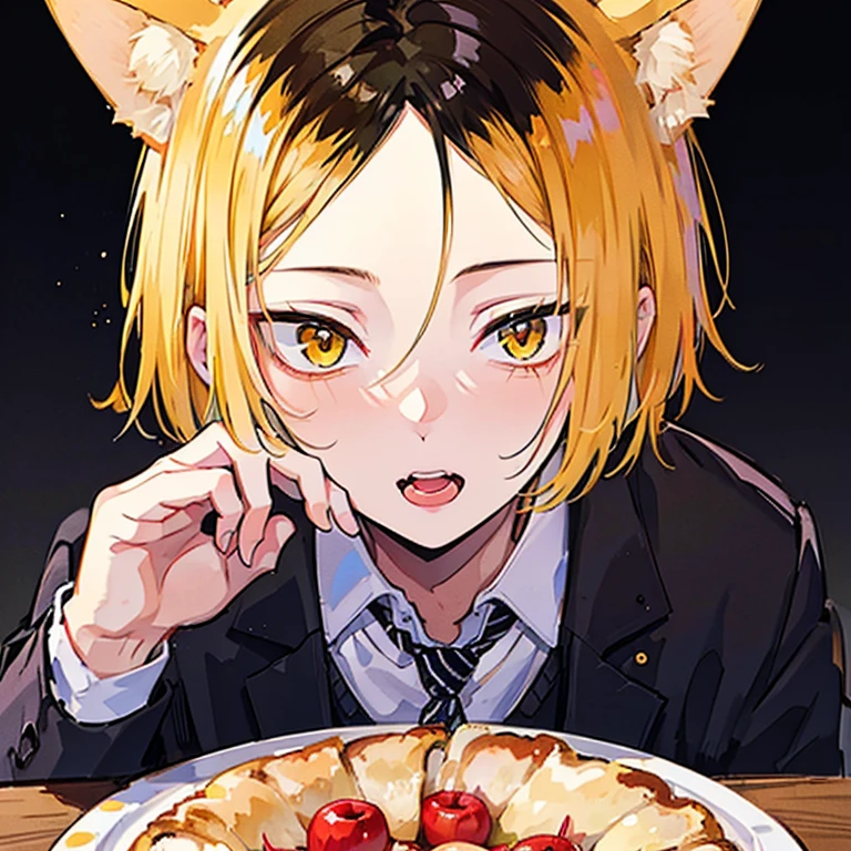 solo,  boys、 young man with sharp face、Blonde、 bob hair、Cat ears、 high definition , masterpiece, accurate, blush、black knitted vest、 shirt 、 ties、Looking up、 sticks out his tongue 、tooth、table、 eat an apple pie