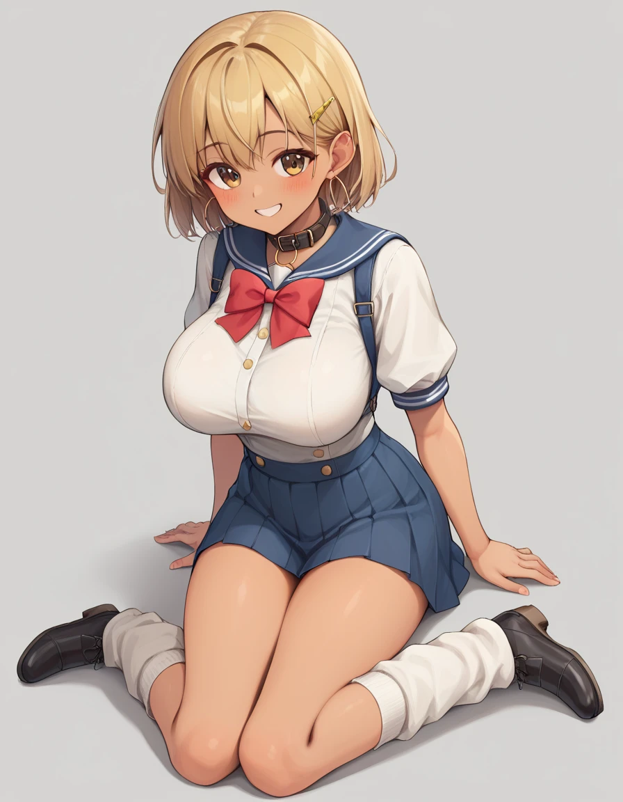 1girl, solo, masterpiece, best quality, (anime art style:1.0),  tanned skin, short blonde hair, smiling, light makeup, a blouse with a sailor-style collar, featuring a large collar flap, paired with a grey short skirt, the blouse has a yellow ribbon tied at the front that loops through a collar attachment, with the most common colors being navy blue, white leg warmers, black Mary jane shoes, gold hoop earrings, brown eyes, round breasts, cute girl, blushing, hair clip accessories in her hair, band aid on her leg