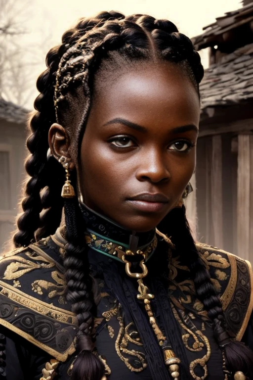 Generate an image of a dark black lady with braids and a facial expression that looks like she's looking at something disgusting in a village setting 