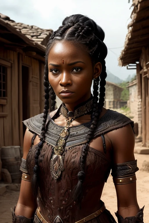 Generate an image of a dark black lady with braids and a facial expression that looks like she's looking at something disgusting in a village setting 