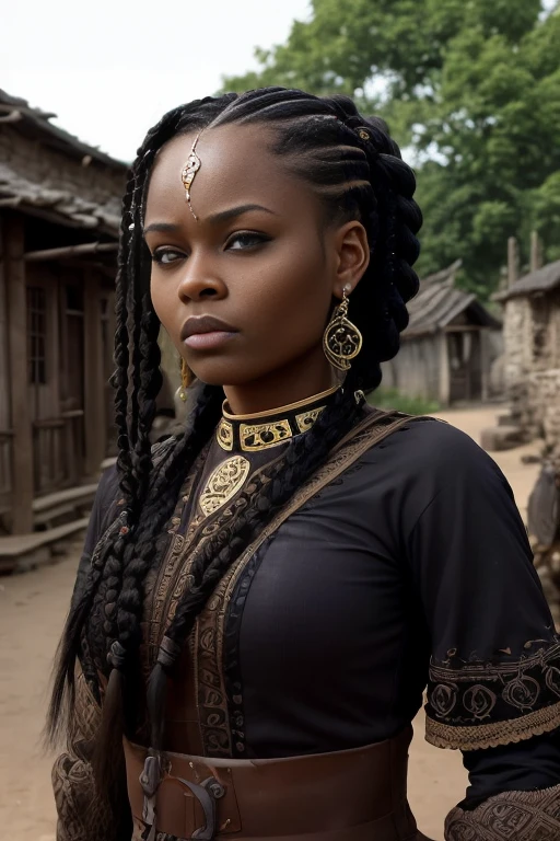 Generate an image of a dark black lady with braids and a facial expression that looks like she's looking at something disgusting in a village setting 