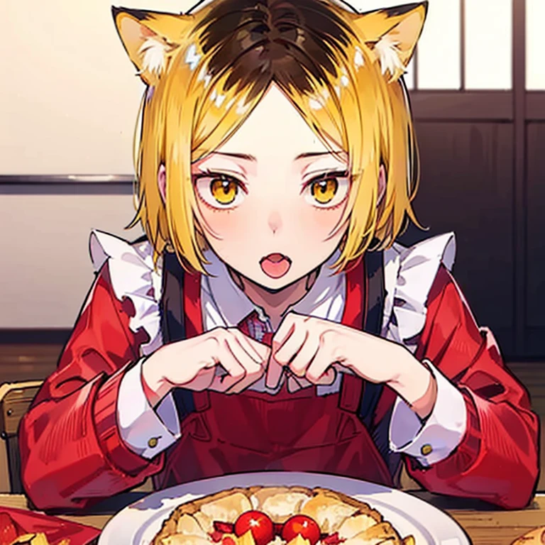 solo,  boys、 young man with sharp face、Blonde、 bob hair、Cat ears、 high definition , masterpiece, accurate, blush、Ruffled clothing、red plaid apron、ribbon、Looking up、 sticks out his tongue 、tooth、table、 eat an apple pie