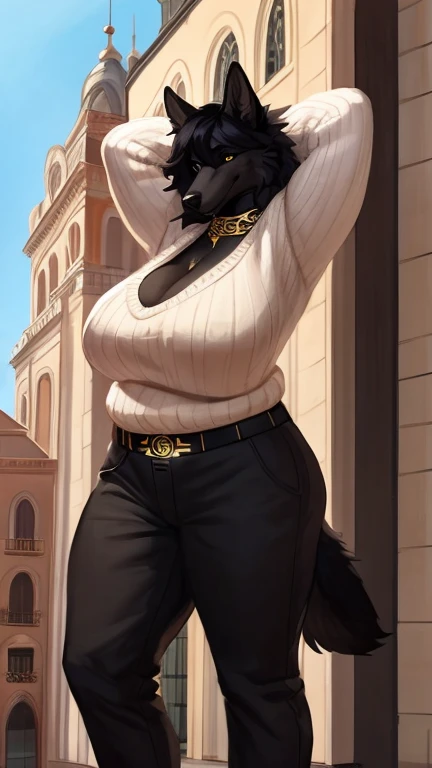 By bebebebebe, by lostgoose, by goonie-san, solo, muscular, canine, ((black wolf, fluffy)), smirking, hands behind head, ((coppe4 hair)), (snout), big breasts, curvy, thicc, overweight, milf, chubby, standing, wrinkly, italian city, massive, size of a building, ((she is a 20 foot tall woman)), detailed eyes, (((versace))), cleavage, sweater, pants