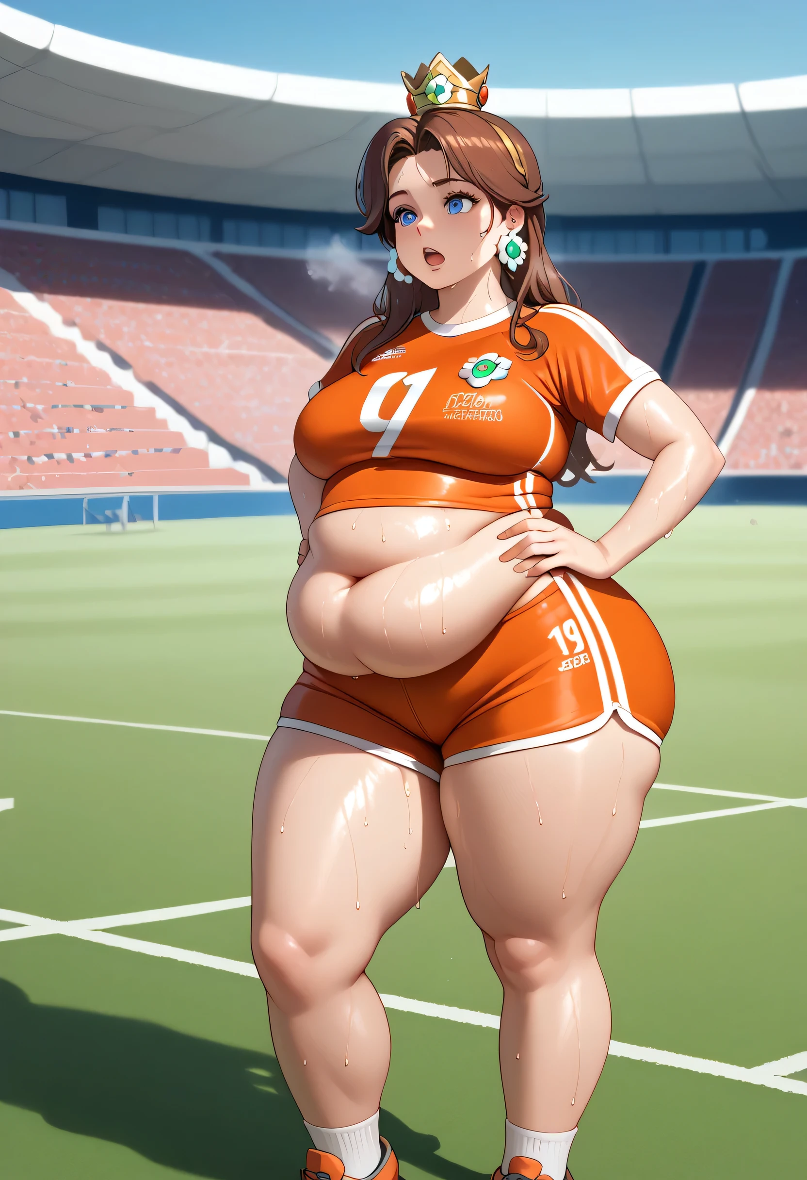 Daisy,brown hair,blue eyes,long hair,flower earrings,small crown, number 8 soccer uniform, short sleeves, orange shorts, midriff, number 8, standing, sweaty, exhausted, hand on hips soccer field, science fiction, outdoors, (insanely detailed, masterpiece, best quality), sweating profusely, exhausted, breathing, open mouth, steam coming out of her mouth, tight red gym shorts, tight red gym tank top, hands on hips, dripping sweat, dripplits of sweat on the floor, puddle of sweat, thick, obese, soft belly, chubby, wide hips, sexy hips, full body, big belly, thicc thighs