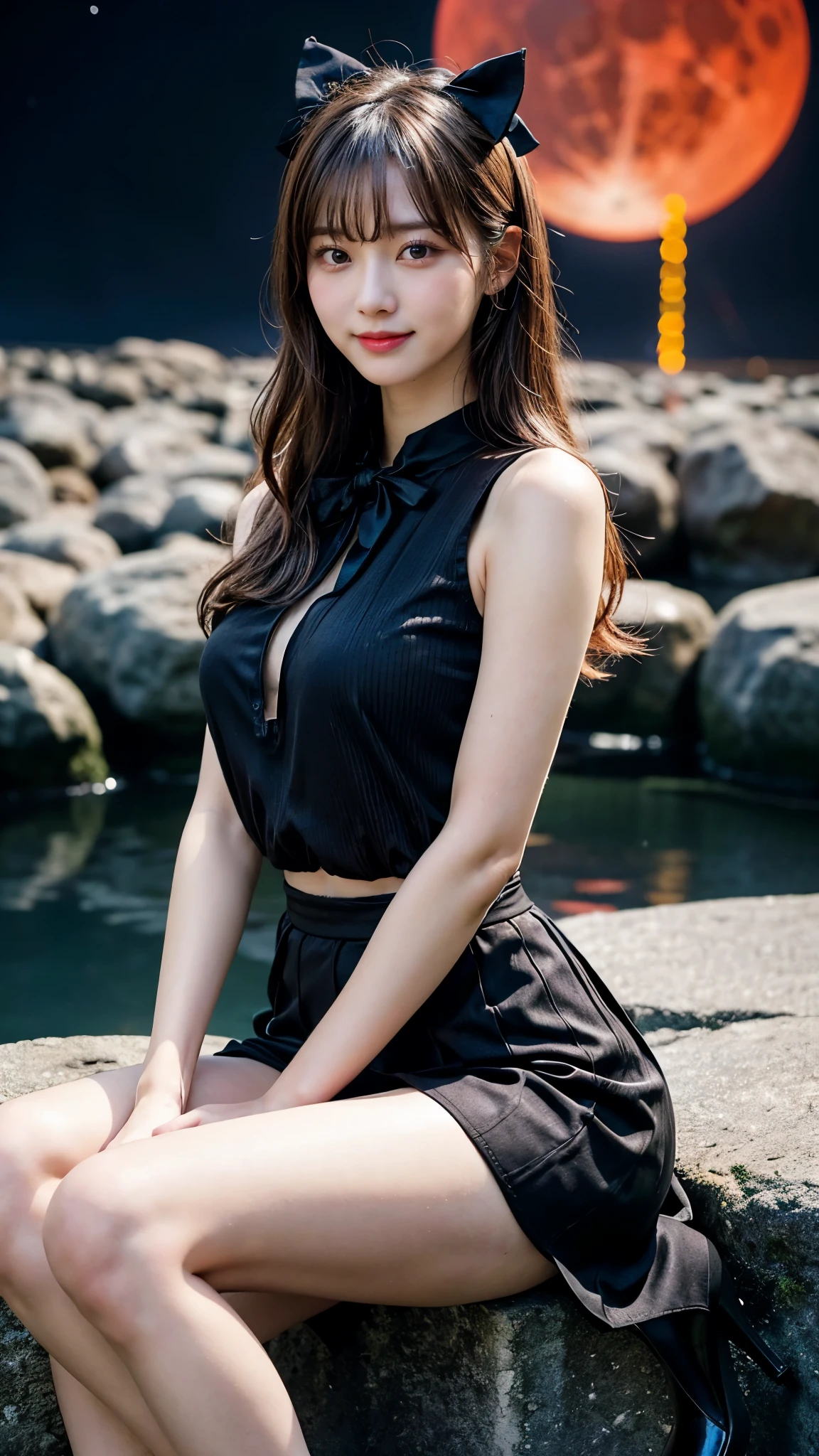 ulzzang-6500-v1.1, (RAW photo: 1.2), (Real photo), (Real photo: 1.4), 1 girl、Perfect anatomy、20 years old、Looking at the camera、Medium length hair、dress, skirt, Dancing by the campfire on the beach at night, with moon and stars, ((by the beach at night: 1.1))、(Hyperrealistic tights: 1.2), (Business service)、Asian eyes Ella,