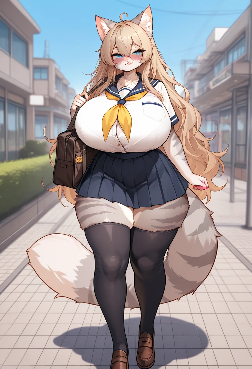 Anime style wolf Furry women,full body, (huge breasts) very long medium legs, school uniform, in the city, 