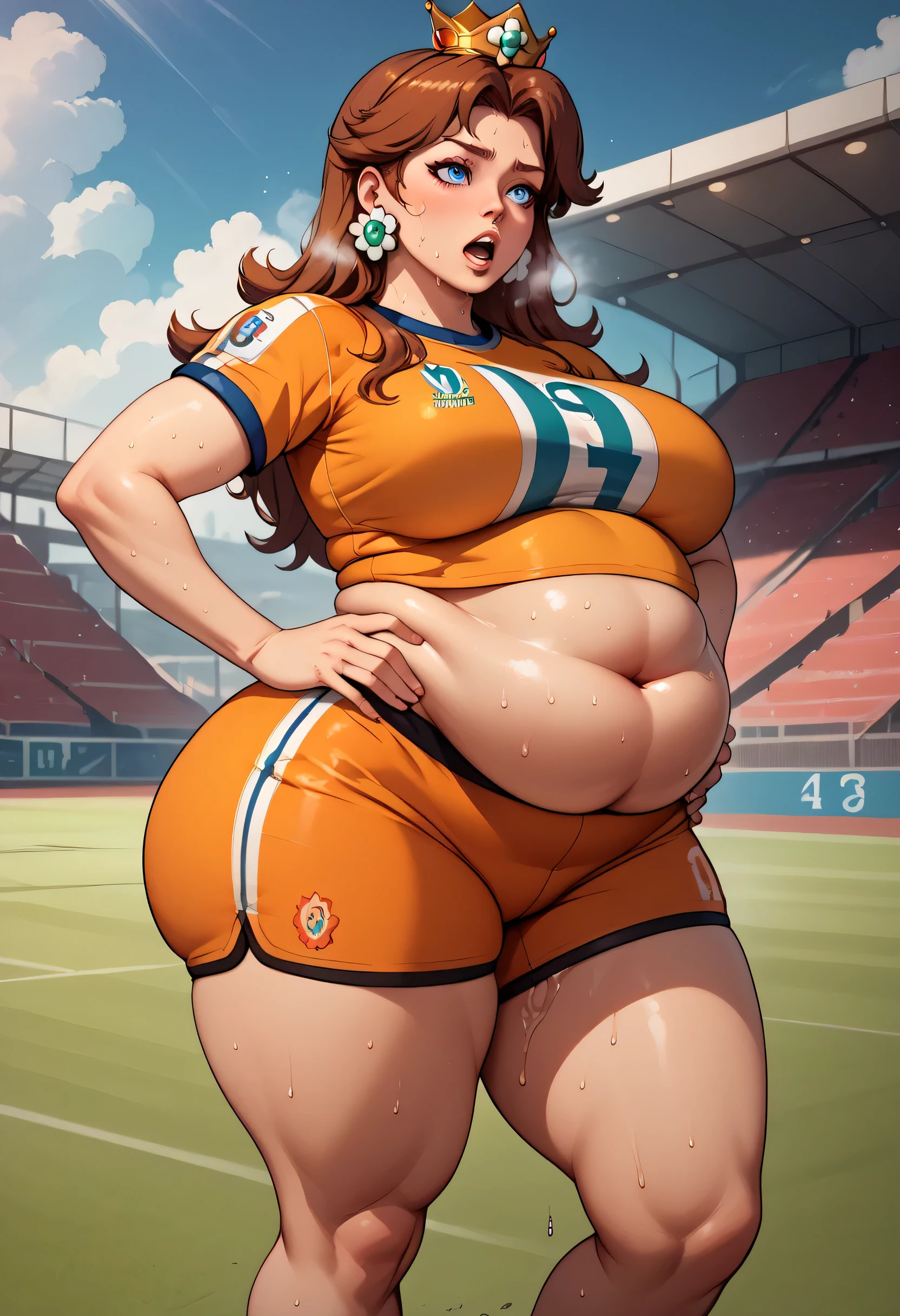 Daisy,brown hair,blue eyes,long hair,flower earrings,small crown, number 8 soccer uniform, short sleeves, orange shorts, midriff, number 8, standing, sweaty, exhausted, hand on hips soccer field, science fiction, outdoors, (insanely detailed, masterpiece, best quality), sweating profusely, exhausted, breathing, open mouth, steam coming out of her mouth, tight red gym shorts, tight red gym tank top, hands on hips, dripping sweat, dripplits of sweat on the floor, puddle of sweat, thick, obese, soft belly, chubby, wide hips, sexy hips, full body, big belly, thicc thighs