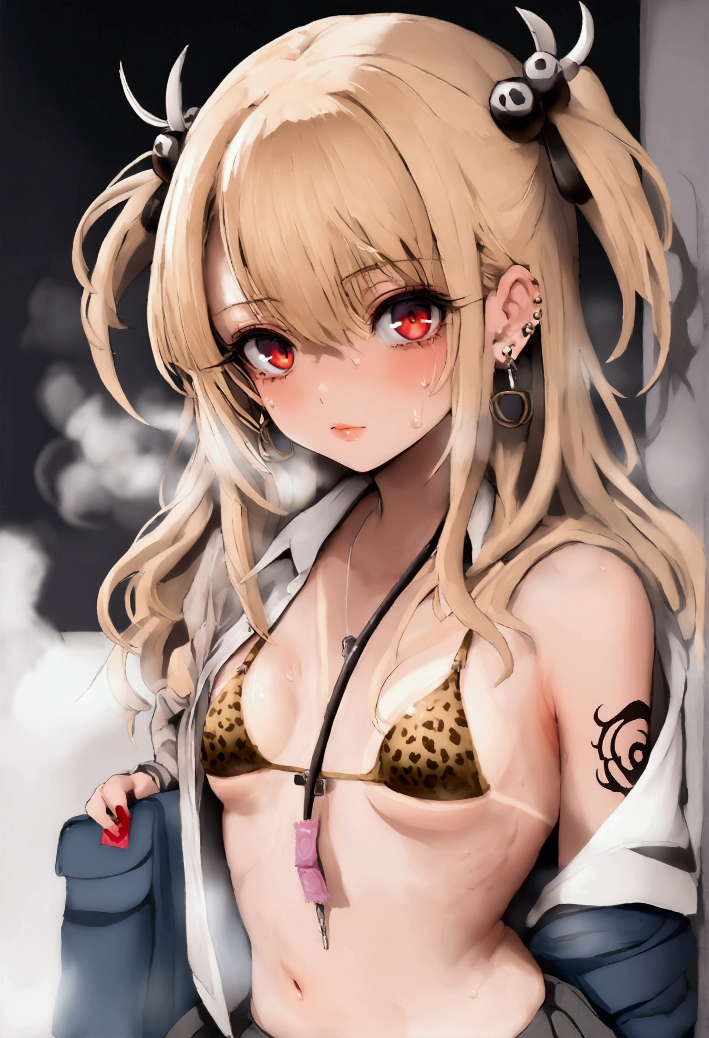 Mamimi style, aaillya, long hair, blonde hair, two side up, hair ornament, red eyes, gyaru aesthetic, tied shirt, open clothes, leopard print bikini,(school uniform:1.3), 1female, tiny, short, thin, small breasts,tanlines,(steam, Sweat), earring, condom packaging between breasts, black vine tattoos 