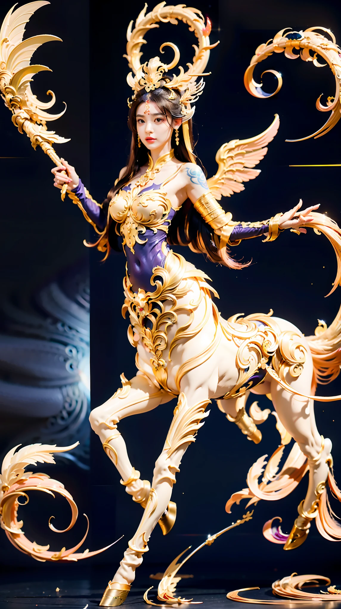 A female centaur,She is famous in the multiverse,She is both a female centaur, half human, half horse, half horse,It is also a female Yingzhao。She blends both images,The first is the head of a horse/neck/Shoulder these parts,After feminization,The upper body transforms into a beautiful female human,Female, half-centaur, half-human, half-horse, half-human,The second is the waist of the horse/hason/gluteal/Legs feminine,Female half-horse with beautiful woman's,Chimer,It's like a female human wearing a half-horse-like costume and making a seamless chimera,This chimerization is based on powerful futuristic technology。The ultra-wide-angle lens captures the image of her sleek and ethereal wings charging and leaping on the ionosphere。Her front half is distinctly feminine,Tall sexy body,Has K cup teardrop-shaped giant tit chest,It has a small man's waist butterfly spanning long legs,The half-horse part of the hind body,Embedded interface in the front half of the body hip position。The back half of her body is horse-shaped,Half-horse torso,The morphology is completely female and humanized,Start at the upper end of the sternum,Embedded in the lower back position of the beauty body,Sexy bent dog style shaped chest/lower back/Ventral transverse,Then there are the sexy beauty's upright hips,Her entire body has been completely feminized,Including the half-horse part,Mechanized armor covers the knee-shaped anti-joints and feet,And these parts are highly anthropomorphic,This gives her legs a graceful and slender line,She has four slender legs like a supermodel,Under the legs are skinny white feet dressed in Skyscraper Heels,Use Midjourney's advanced stroke tools and color palettes, as well as texture packs, model packs, and texture tools,Concentration,Femaleize all parts of her original equine physiologic appearance,And give these parts an ergonomic appearance,Fine treatment of the thoracic and abdominal cavity of the posterior body,As well as hips and legs,Tightly connected details