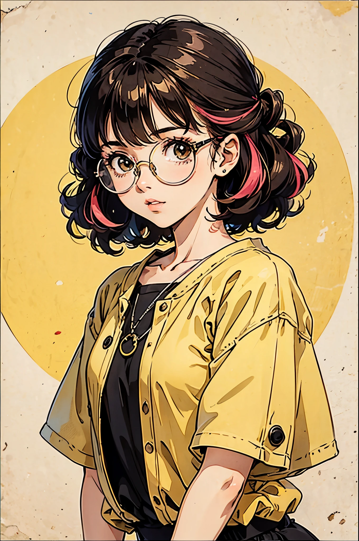  girl 20 year old, short curly hair, round glasses, colorfull yellow background