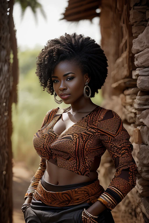 ２０ A beautiful young woman 、 (AFRICAN WOMAN,  black hair、 an athletic body,  medium size breasts ,  brown eyes , skin beauty : 1.3), afro hair、ear piercing、blouse、smile,  beautiful alignment of the teeth、 intricate details ,  very detailed:1.2), (A person with a dark mood : 1.5), 、  looking at the camera,
