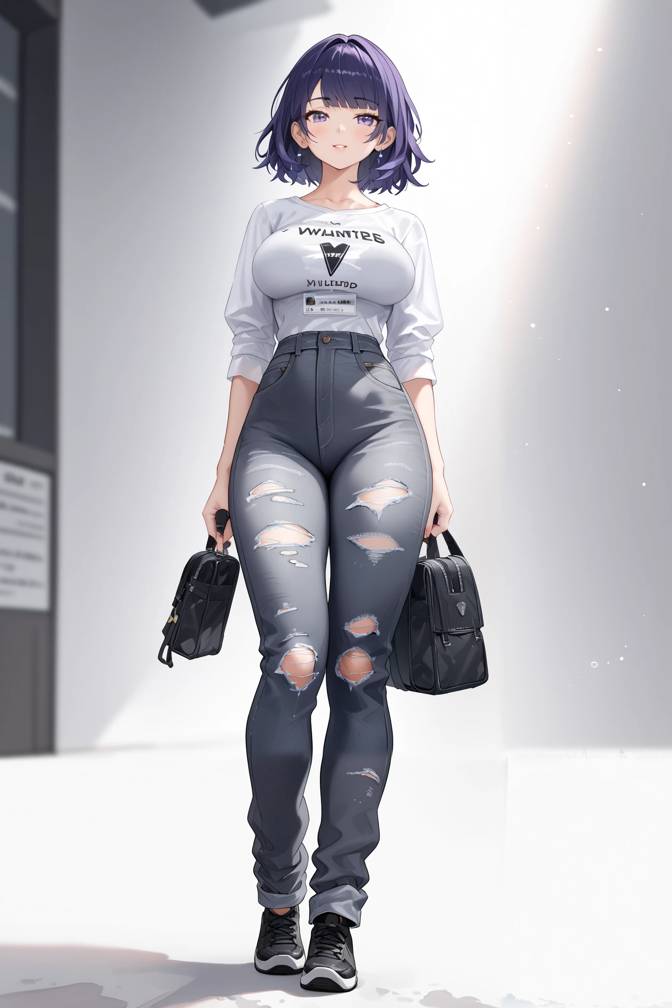 best quality, masterpiece, highres, 1girl,raiden,fullbody,stand up,large breasts,arms behind back,secy legs,grey kimono,sleevelwss,ripped jeans,looking at viewers,front look,(high detailed skin:1.2), 8k uhd, dslr, soft lighting, high quality, volumetric lighting, candid, Photograph, high resolution, 4k, 8k, Bokeh, white baground