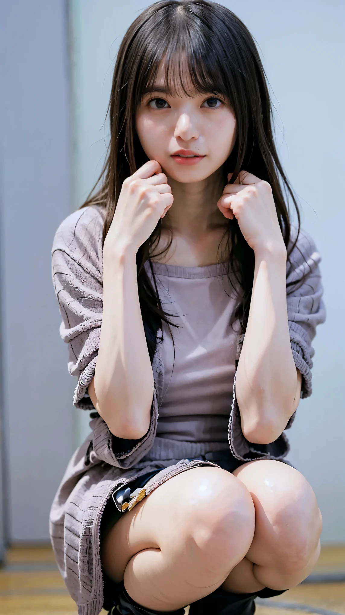 japanese girl,30 old,(bangs,long hair ),(full open cosplay:1.5),highly detailed eyes, (white skin:1.1,heavy makeup), highest quality, Super detailed,from adove ,(black dress),squat,front open cardigan
