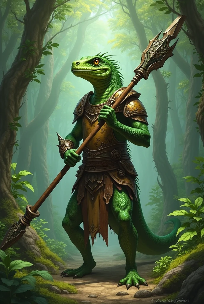 Create final fantasy style & Pokemon a green lizardfolk with yellow eyes wearing a brown metallic hauberk with green details holding a brown metallic spear with green details in a dense forest