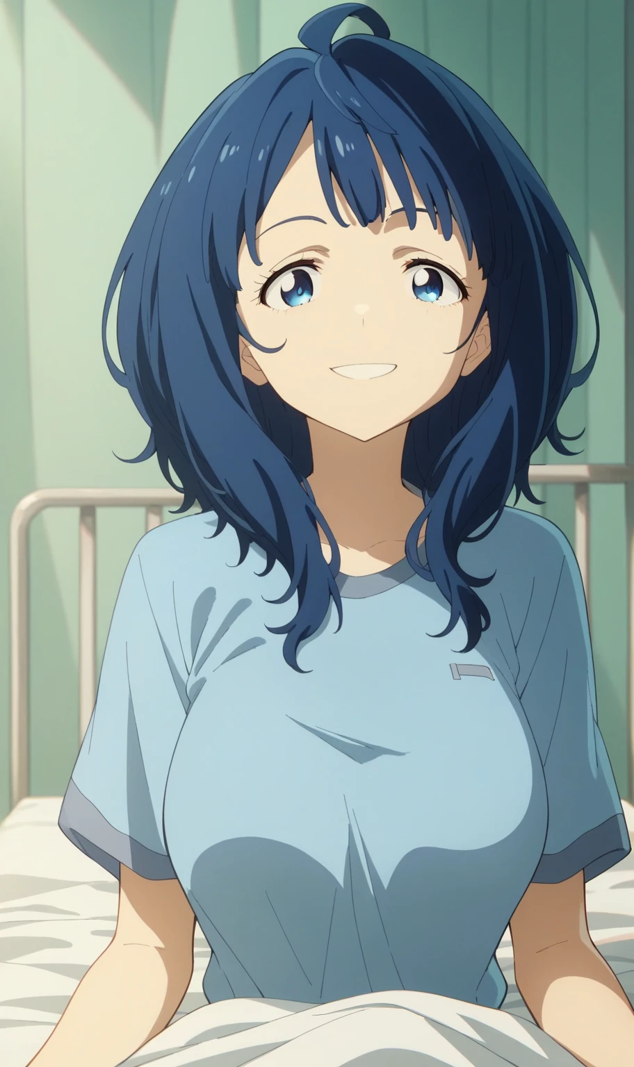 yanamianna, medium hair, ahoge, blue hair, blue eyes, large breasts, pajama, smile, lie on bed, bed, from front, looking viewer, indoor, hospital room, masterpiece, best quality, high resolution, ultra-detailed, detailed background, anime,