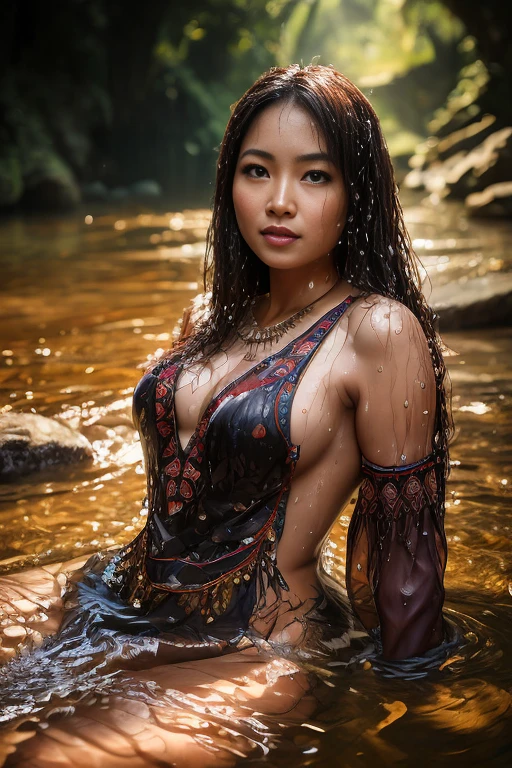  Malaysian woman wearing batik clothes ,  sitting on the river rock , long sleeves,  fantasy in close up with water magic, ****** beautiful, smile happily,  Big breasts ,  long brown hair,  wet hair,  wearing a dress made of water ,  Lifting the dress, Splashing water ,  realistic oil painting, soaked, in the water,  knee length high , covered, realistic painting, ninfa in the water,  hyperrealistic portrait in the river ,  hyperrealistic fantasy art , Splashes,  realistic fantastic painting , cute photo,  small depth of field , 8k, nsfw, soaked, ((soaked)),   dripping water  ,   dripping water  , heavy clothes, soaked in water, soaked, red lipstick, soaked,