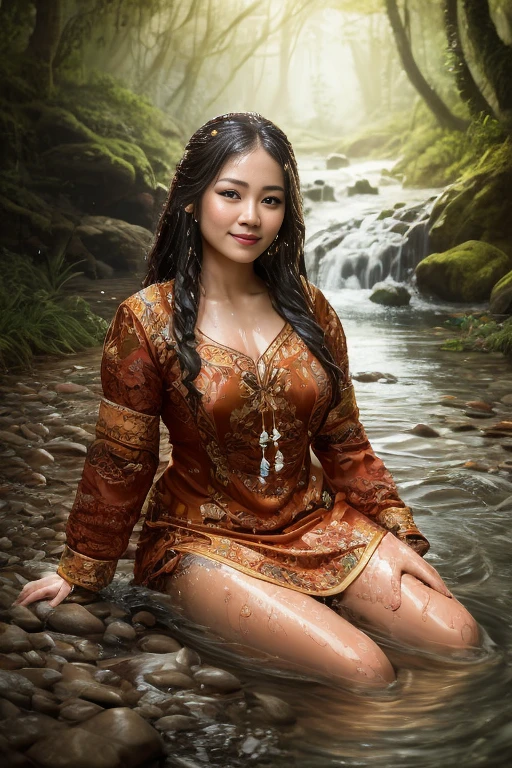  Malaysian woman wearing batik clothes ,  sitting on the river rock , long sleeves,  fantasy in close up with water magic, ****** beautiful, smile happily,  Big breasts ,  long brown hair,  wet hair,  wearing a dress made of water ,  Lifting the dress, Splashing water ,  realistic oil painting, soaked, in the water,  knee length high , covered, realistic painting, ninfa in the water,  hyperrealistic portrait in the river ,  hyperrealistic fantasy art , Splashes,  realistic fantastic painting , cute photo,  small depth of field , 8k, nsfw, soaked, ((soaked)),   dripping water  ,   dripping water  , heavy clothes, soaked in water, soaked, red lipstick, soaked,