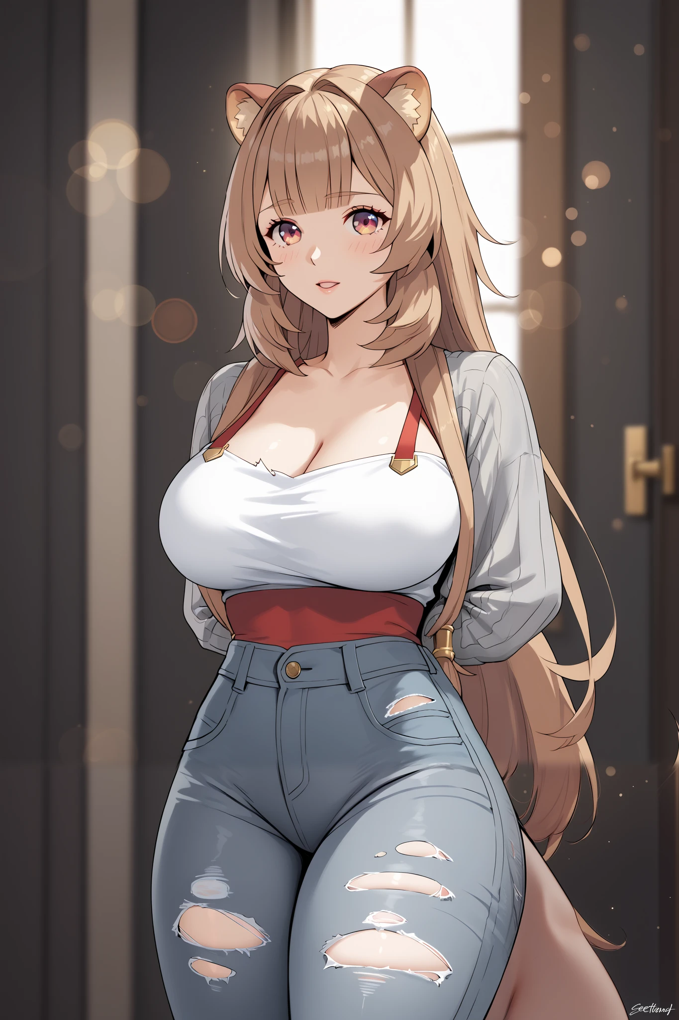 best quality, masterpiece, highres, 1girl,raphtalia,fullbody,stand up,large breasts,arms behind back,secy legs,grey kimono,sleevelwss,ripped jeans,looking at viewers,front look,(high detailed skin:1.2), 8k uhd, dslr, soft lighting, high quality, volumetric lighting, candid, Photograph, high resolution, 4k, 8k, Bokeh, plain baground