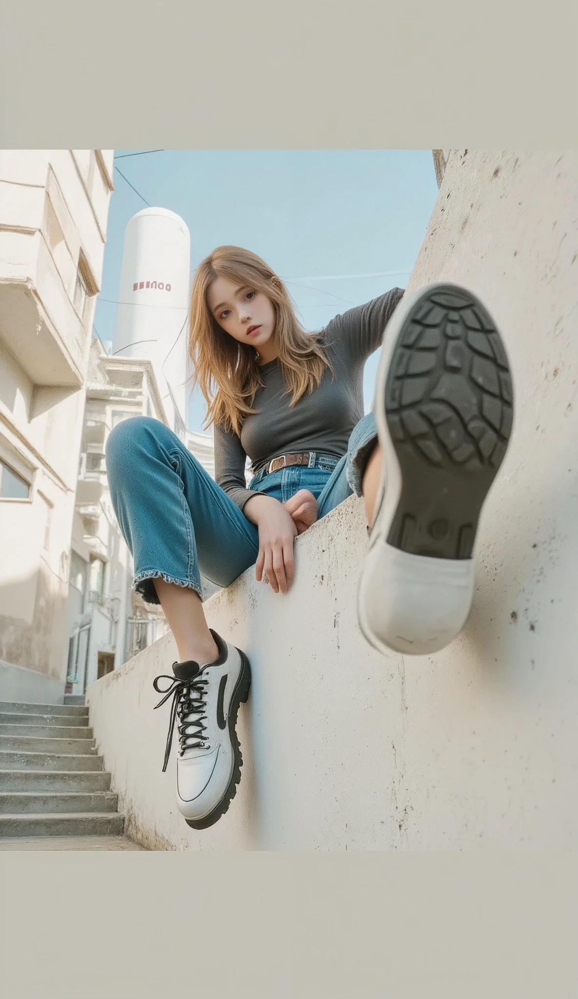  a woman sitting on a wall in the foreground of her feet , You can see the soles of the shoes ,  seen from below her feet up and a building in the background, hair flying through the wind ,  A photograph of Emma Andijewska , Em Tendência No Pexels , photorealism,  a girl sitting on a roof , Standing on the roof, Standing on the roof, sits on a roof ,  sitting on the roof of a skyscraper , Standing on the roof de un rascacielos,  editorial photograph ,  photo shoot