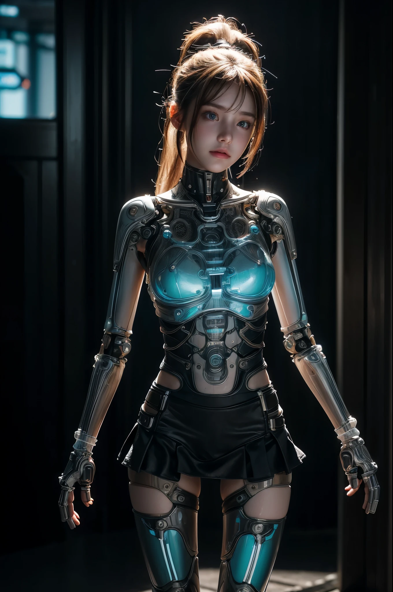 ((A half-mechanical girl with a human torso and translucent mechanical limbs)),
((Her limbs are translucent and revealing the internal electronic circuitry)),
Sleeveless jacket and frilly skirt,
Bright blue eyes,
Long ponytail hair,
Post-apocalyptic city background,
Standing on the street,
beautiful face, detailed face, 
(from front),
White highlights, Halftone, Sensual,
Highest quality, Realistic, Photo Realistic, Award-winning photography, (Intricate details), (Subtle details), (Intricate details), (Cinematic Light), Sharp focus, 
