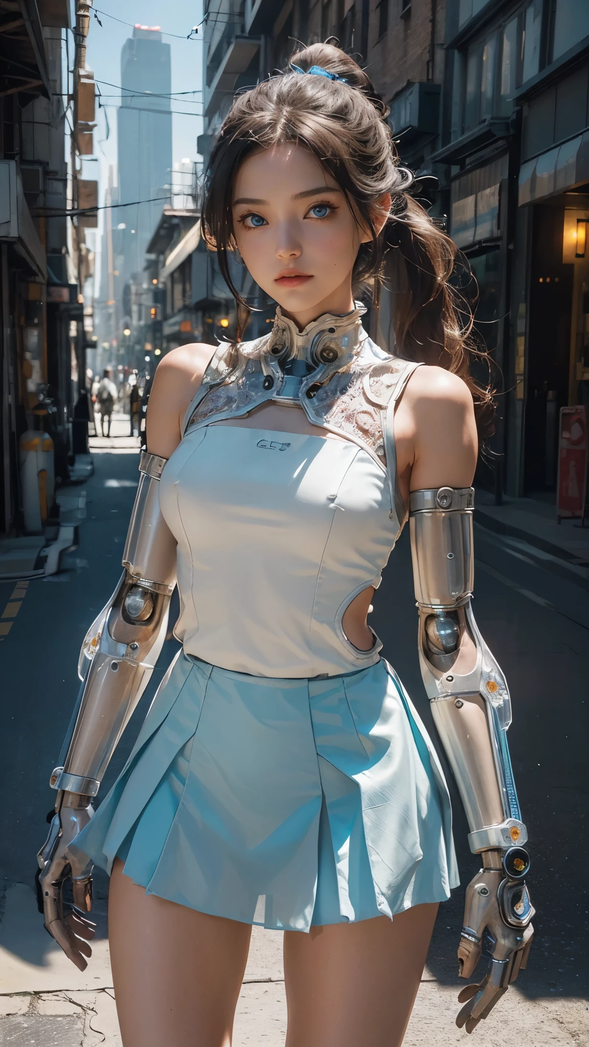 ((A half-mechanical girl with a human torso and translucent mechanical limbs)),
((Her limbs are translucent and revealing the internal electronic circuitry)),
Sleeveless jacket and frilly skirt,
Bright blue eyes,
Long ponytail hair,
Post-apocalyptic city background,
Standing on the street,
beautiful face, detailed face,
(from front),
White highlights, Halftone, Sensual,
Highest quality, Realistic, Photo Realistic, Award-winning photography, (Intricate details), (Subtle details), (Intricate details), (Cinematic Light), Sharp focus,