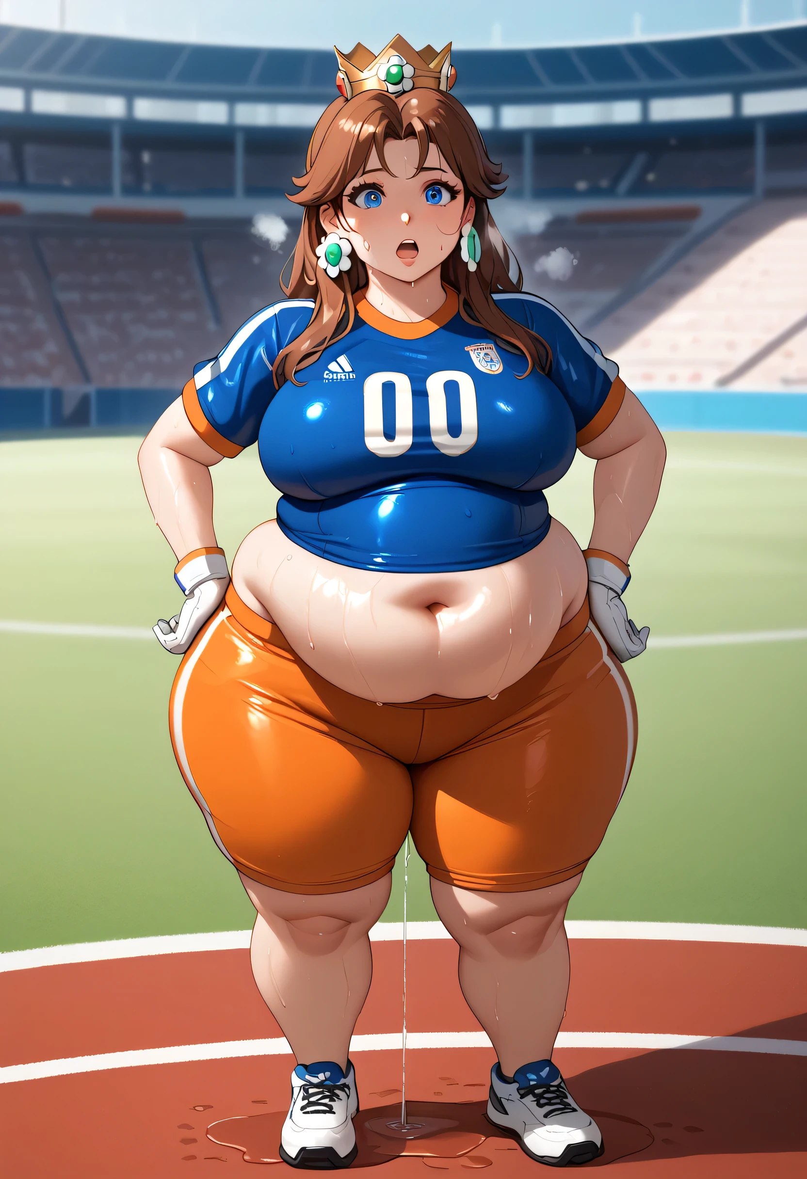 Daisy,brown hair,blue eyes,long hair,flower earrings,small crown, number 8 soccer uniform, short sleeves, white gloves, orange shorts, midriff, number 8, standing, sweaty, exhausted, hand on hips soccer field, science fiction, outdoors, (insanely detailed, masterpiece, best quality), sweating profusely, exhausted, breathing, open mouth, steam coming out of her mouth, tight red gym shorts, tight red gym tank top, hands on hips, dripping sweat, dripplits of sweat on the floor, puddle of sweat, thick, obese, soft belly, chubby, wide hips, sexy hips, full body, big belly, thicc thighs, covered in sweat, wet with sweat, dripping sweat