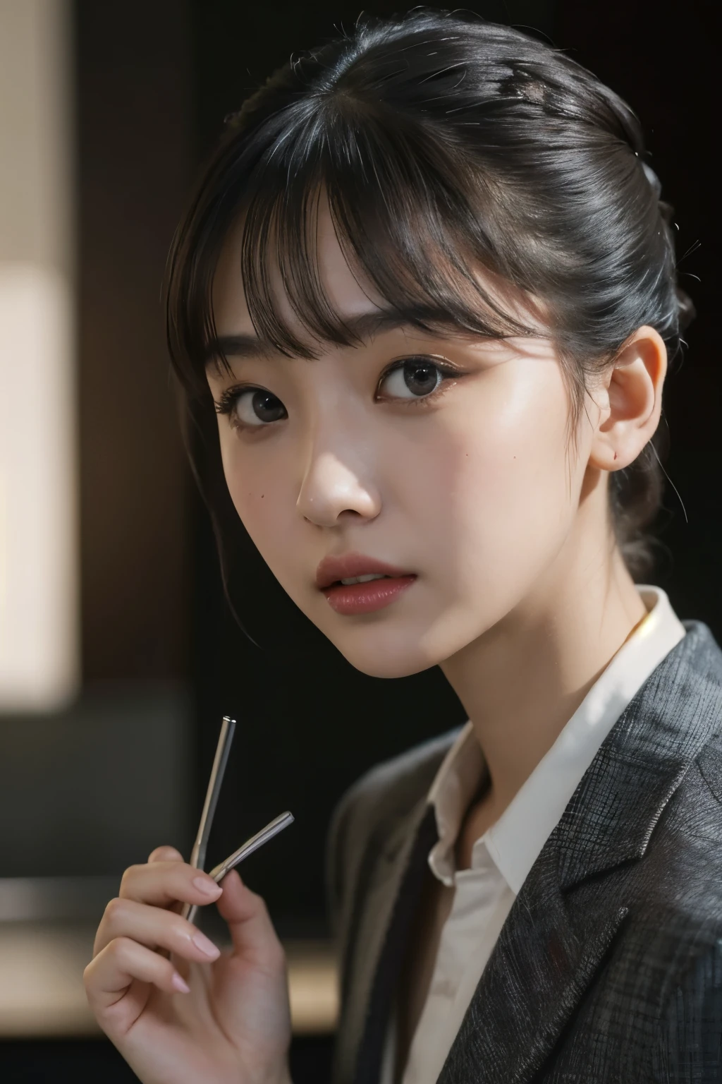 a beautiful detailed portrait of Shiodani Mai, suspicious expression, wearing a tailored jacket, updo hairstyle, kitchen interior background, epic, photorealistic, studio lighting, hard light, Sony a7 camera, 50mm lens, matte skin texture, visible pores, vivid colors, hyperrealistic, extreme detail